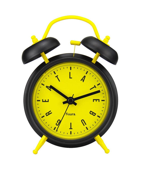 Orologio sveglia retrò "Late but Great" nero/giallo