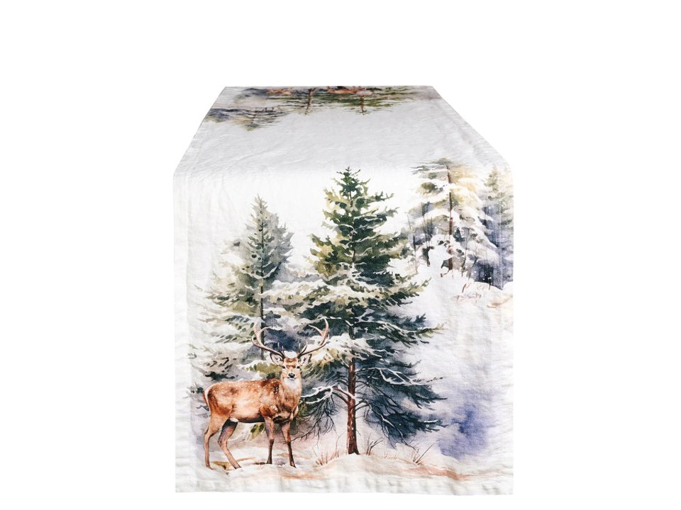 Simple Day Runner in lino 100% Cervi nel bosco bianco 50 × 160 cm
