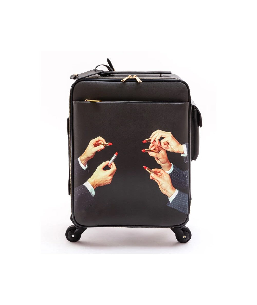 TROLLEY BAG IN SIMILPELLE"TOILETPAPER"Cm.40x25 h.55-LIPSTICKS BLACK