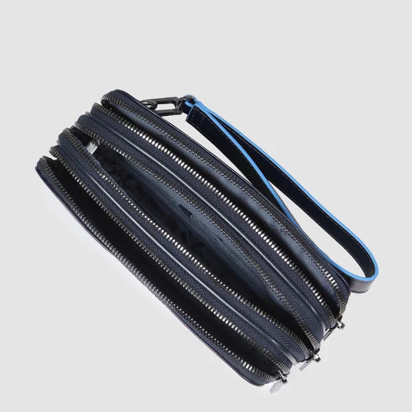 PIQUADRO - Pochette uomo in pelle a tre scomparti con polsiera rimovibile e protezione RFID