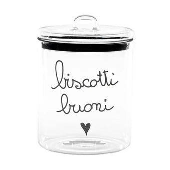 SIMPLE DAY Biscottiera in Vetro Borosilicato – Decoro Biscotti buoni (nero), Ø15 cm x H22 cm