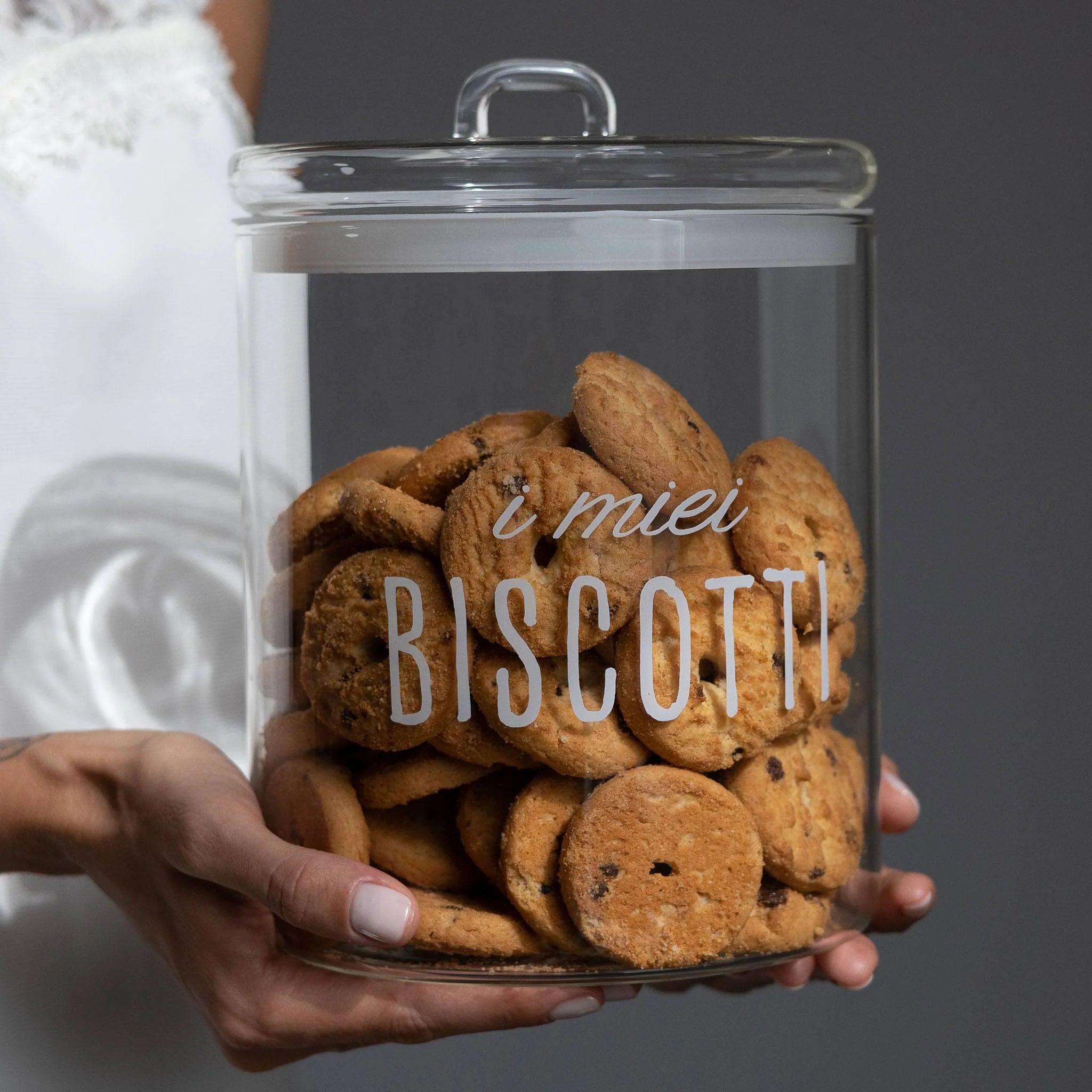 SIMPLE DAY Biscottiera in Vetro Borosilicato – Decoro I miei biscotti (bianco), Ø15 cm x H22 cm