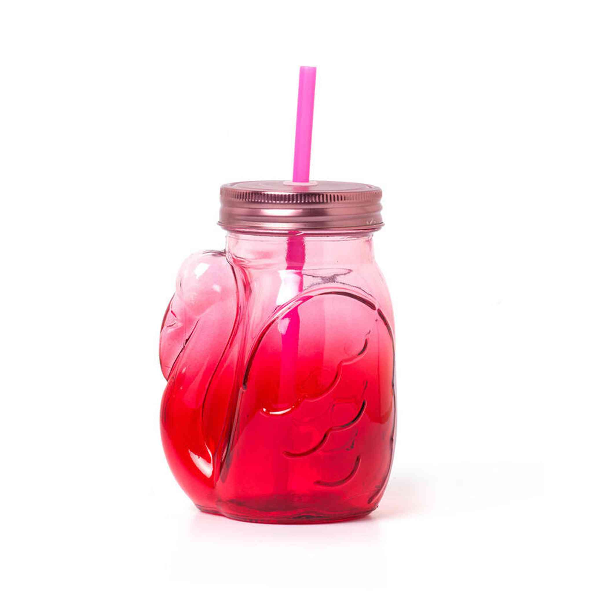 CHEERS-Bicchiere Vetro con Tappo+Cannuccia-FLAMINGO