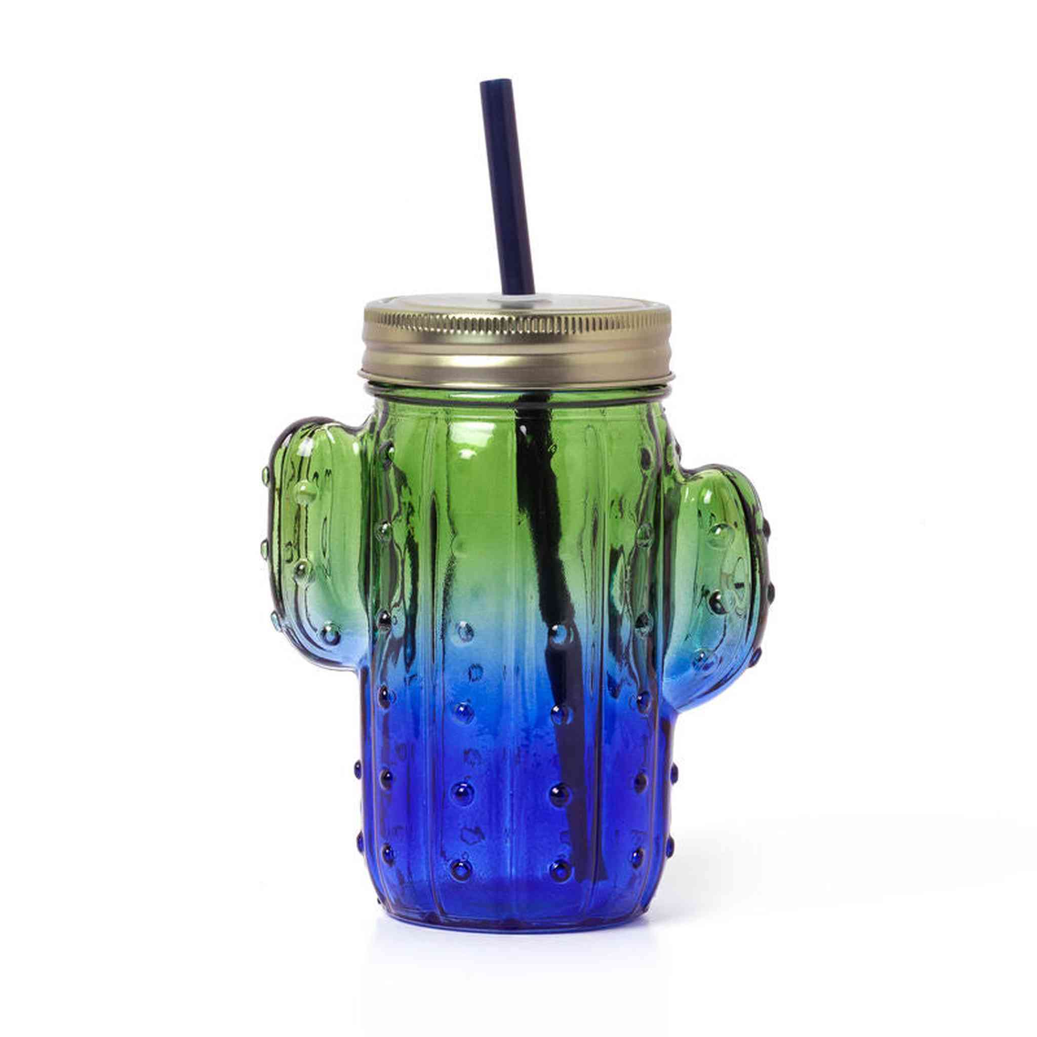 CHERS-Bicchiere Vetro con Tappo+Cannuccia-CACTUS