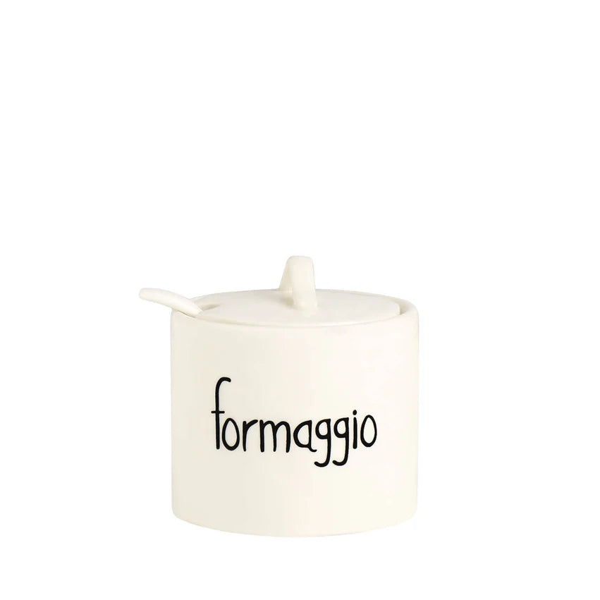 SIMPLE DAY Formaggiera in Gres con Decoro Formaggio e Cucchiaino | Design Italiano