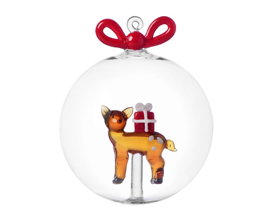 ICHENDORF WOODLAND TALES palla Natale renna con regalo rosso e fiocco