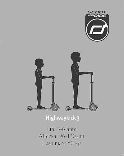 SCOOT AND RIDE - Highwaykick 3 LED – Monopattino Pieghevole con Ruote LED | Colore AshDE