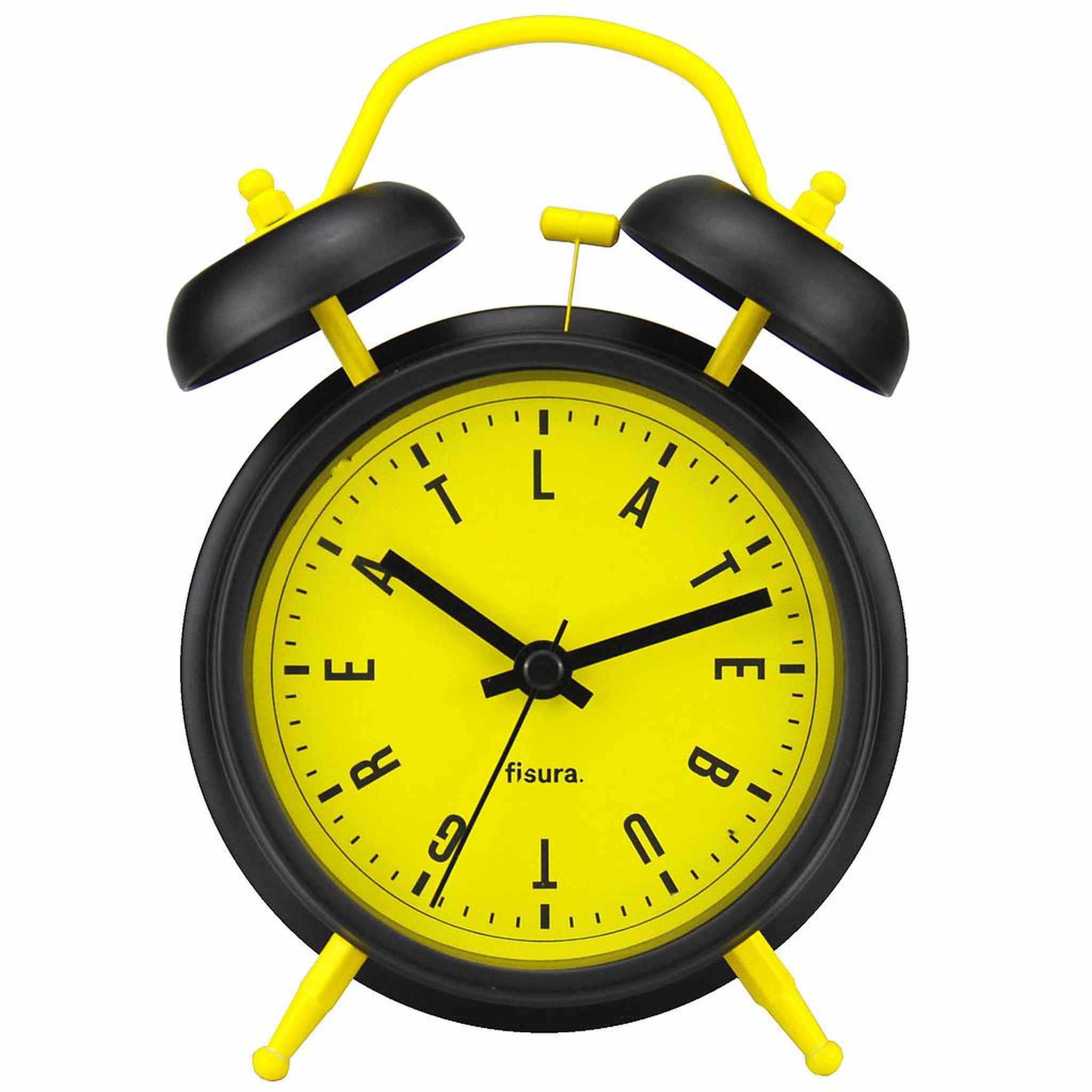 Orologio sveglia retrò "Late but Great" nero/giallo