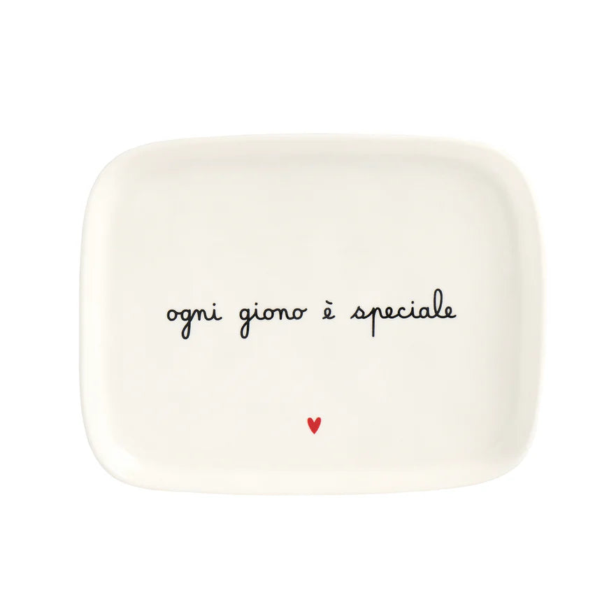 SIMPLE DAY - Piatto Rettangolare in Gres – Decoro "Ogni giorno è speciale" 20x15,5 cm