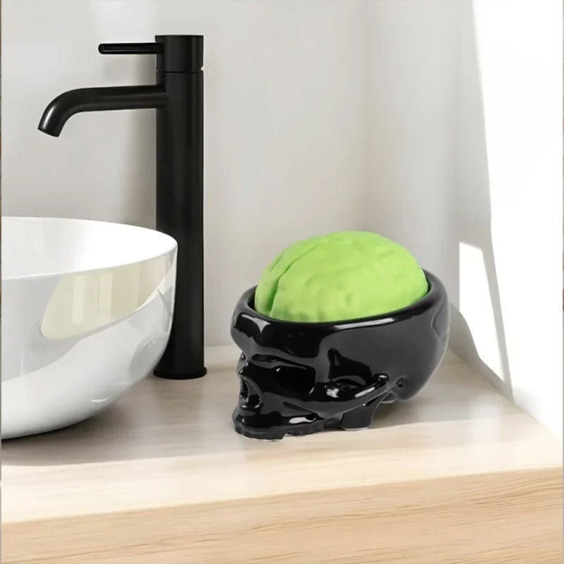 SELETTI - Porta Saponetta in porcellana nero+Saponetta verde "BRAINWASH"