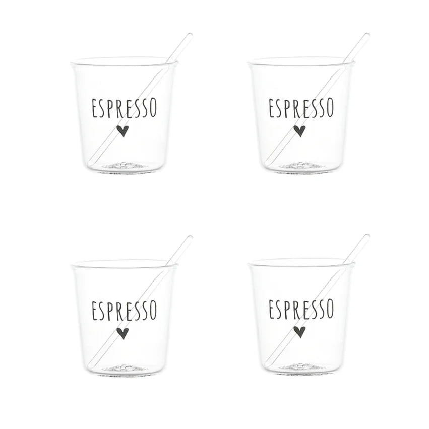 SIMPLE DAY - Set 4 bicchierini espresso in vetro borosilicato decoro Espresso in nero