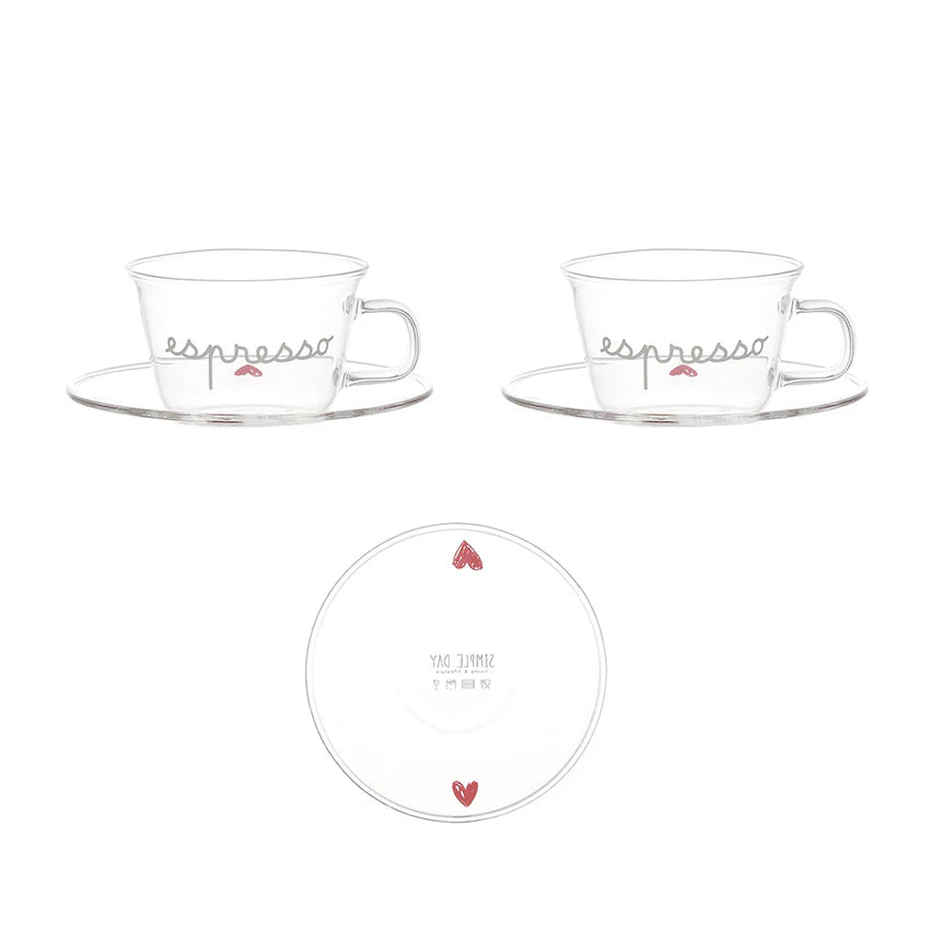 SIMPLE DAY - Set 2 Tazzine Espresso con Piattino in Vetro Borosilicato – Decoro Espresso Cuori Rossi