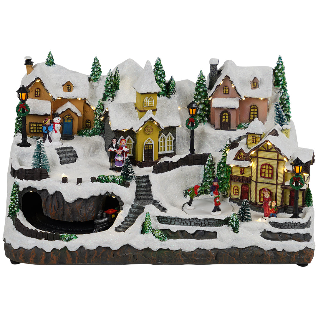 Village skaters and train animatedMulticolor-Adapter-LED-43x26x26,5cm